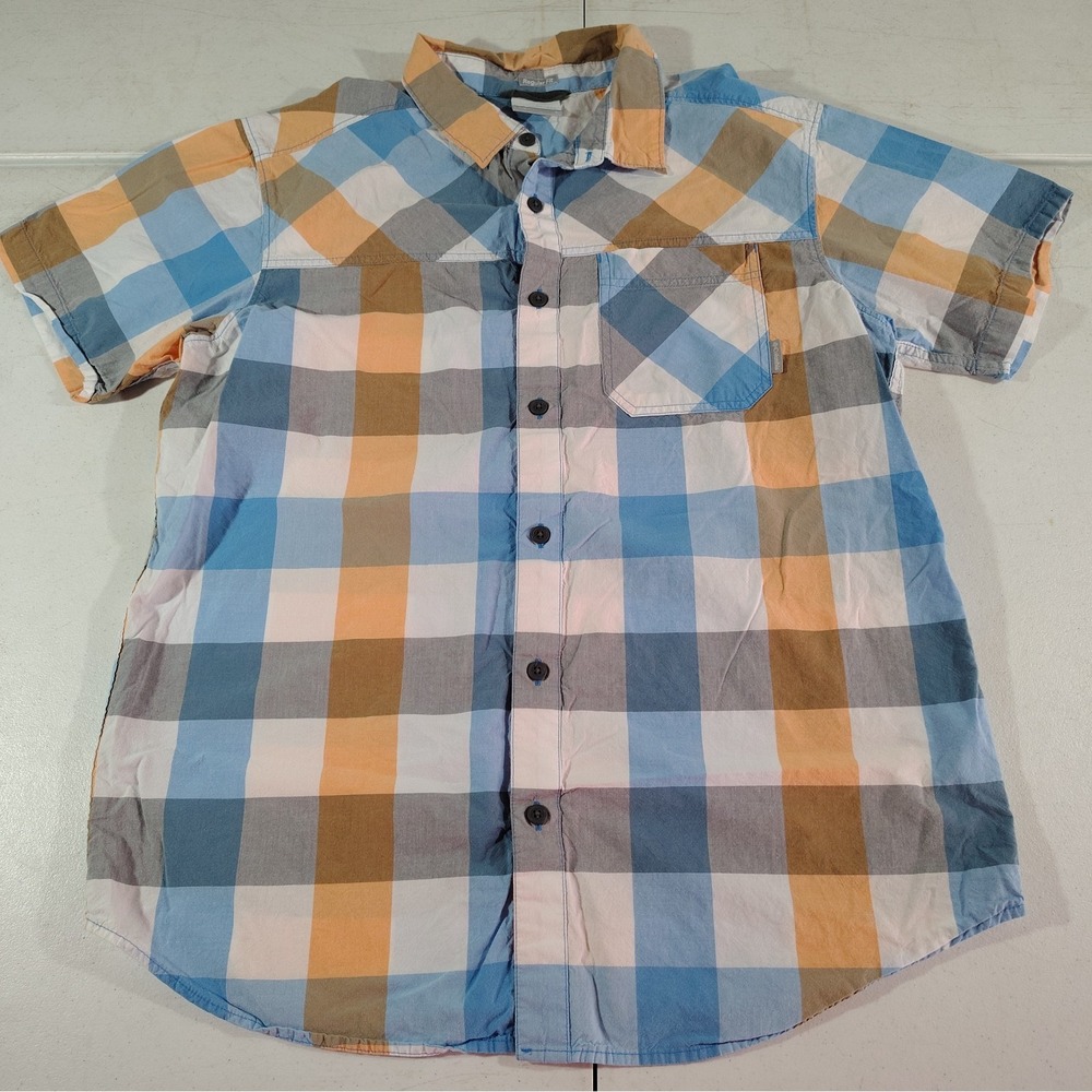 Columbia Shirt Men L Blue/Orange Plaid Sporty Farmer Work School Short Sleeve